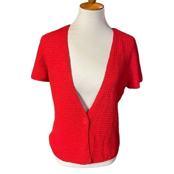 Jones New York Collection Red Short Sleeve One Button Closure Cardigan Size Peti - Picture 8 of 11